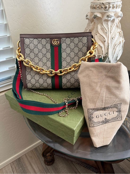 Gucci Handbags - Gucci Brown GG Supreme Crossbody with Green and Red Web Stripe with added chain